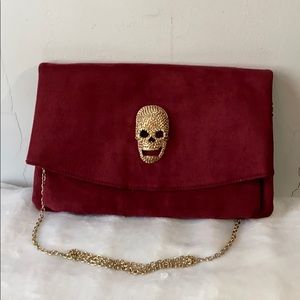 Burgundy Suede Clutch with Gold Skull